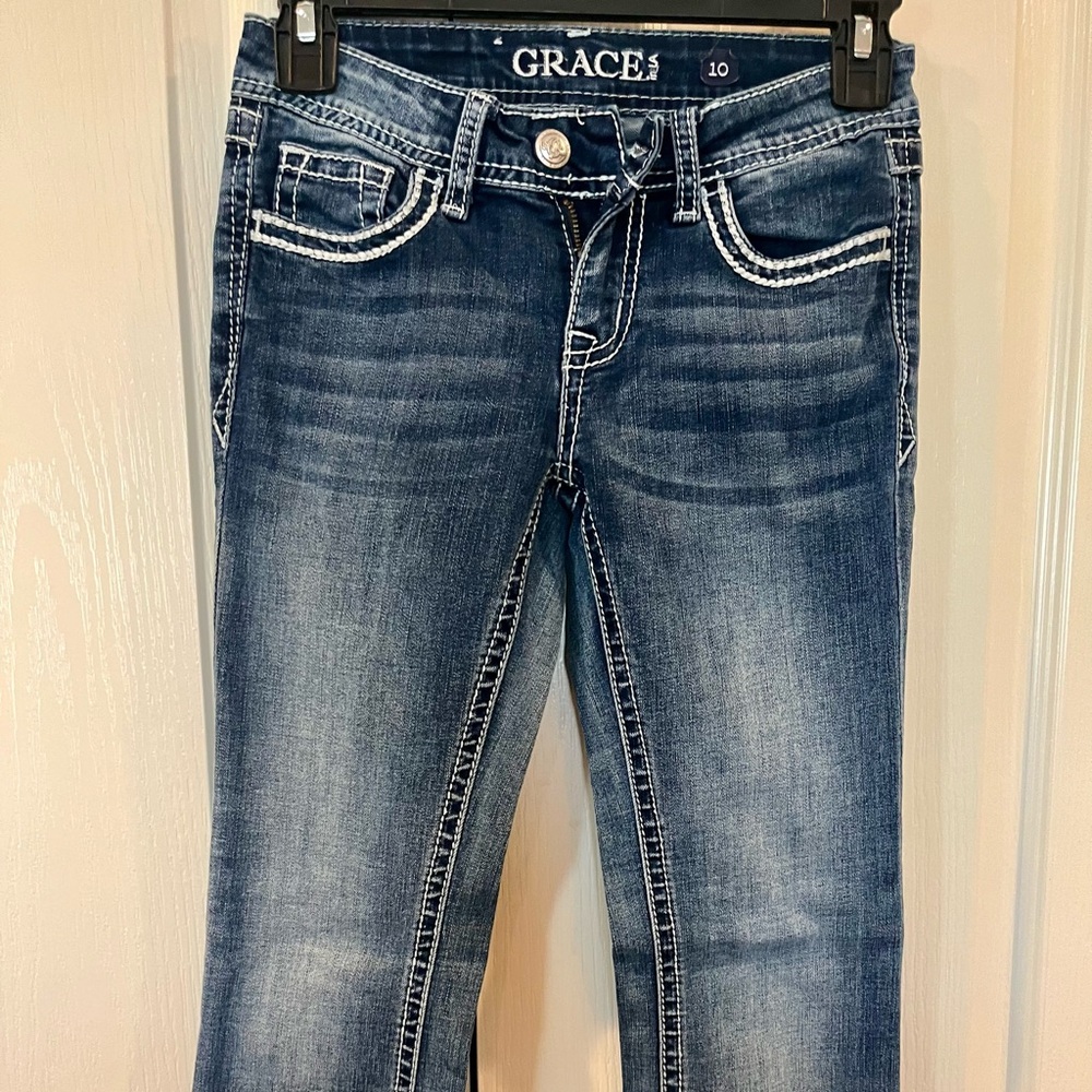 Kids, grace boot cut, embellished blue jeans.